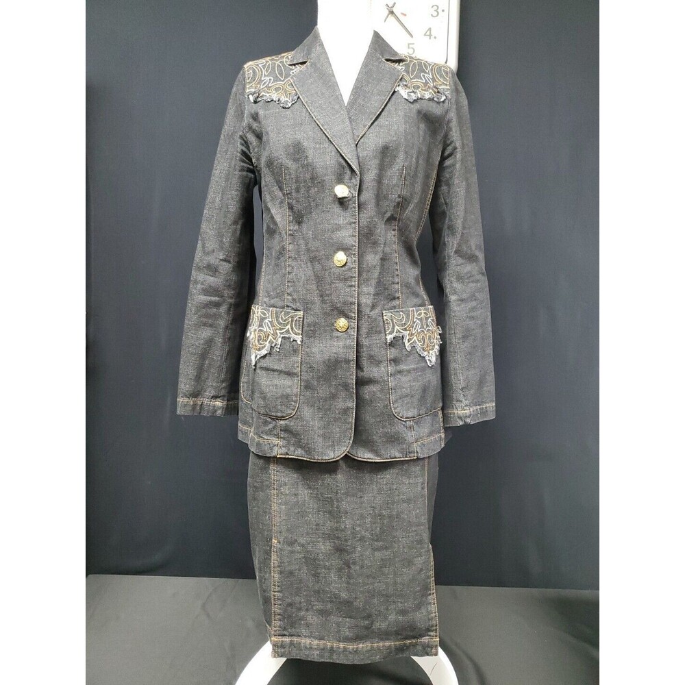 Escada Women’s Denim Embroidered Skirt & Button Jacket Set Suit Sz 42/ 10